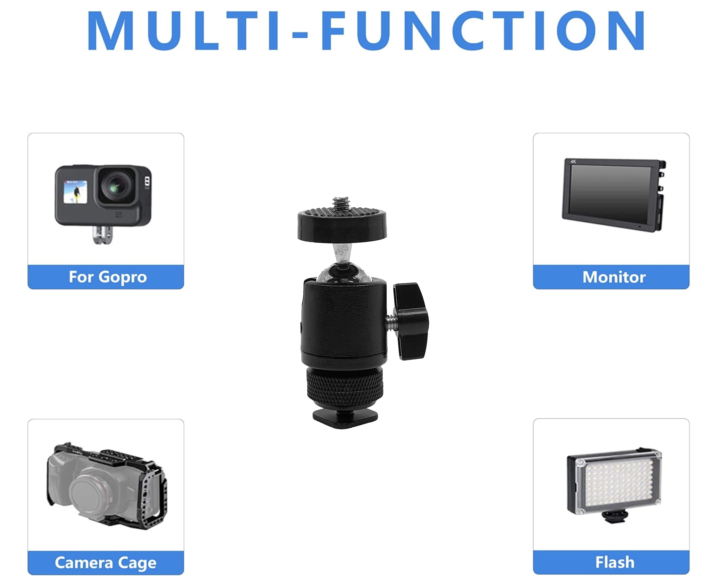 Ball Head Hot Shoe Mount with 1/4 inch Adapter Screw -  For DSLR Camera, Tripod, Light Stand